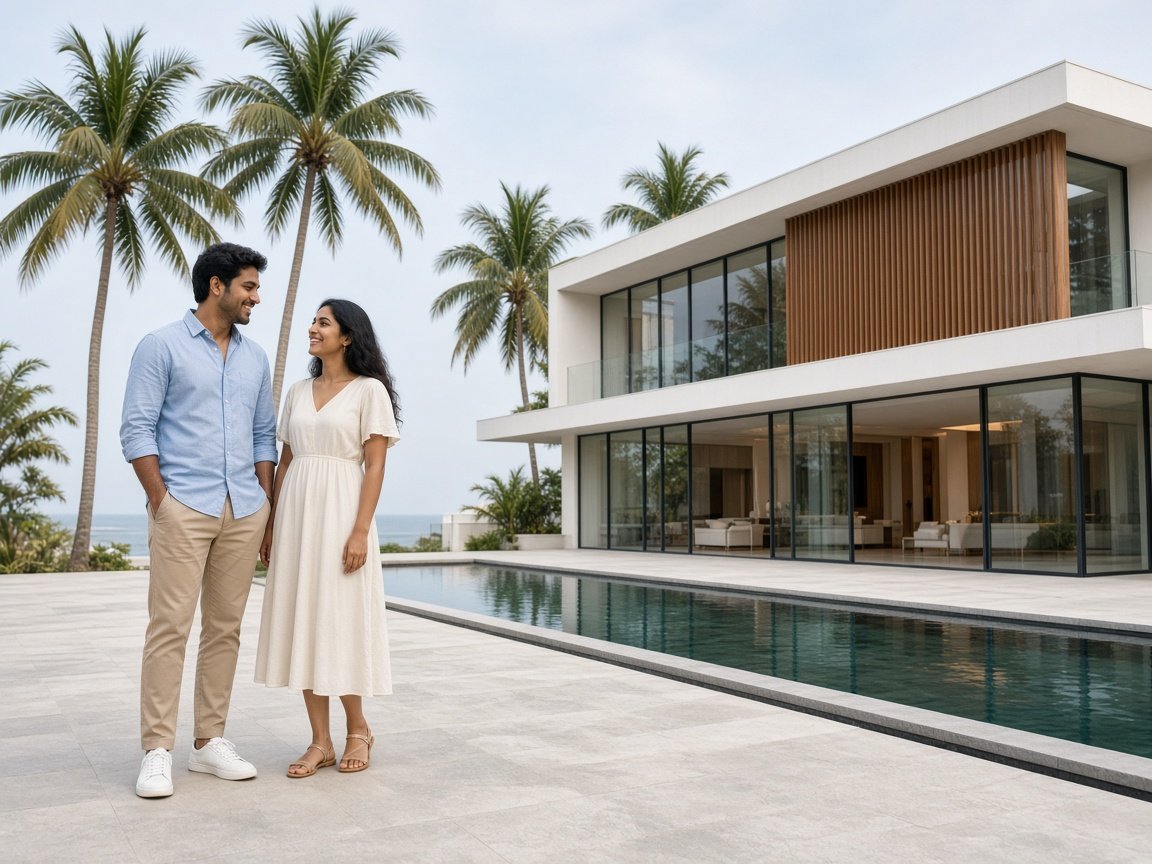 A happy couple in front of a modern home